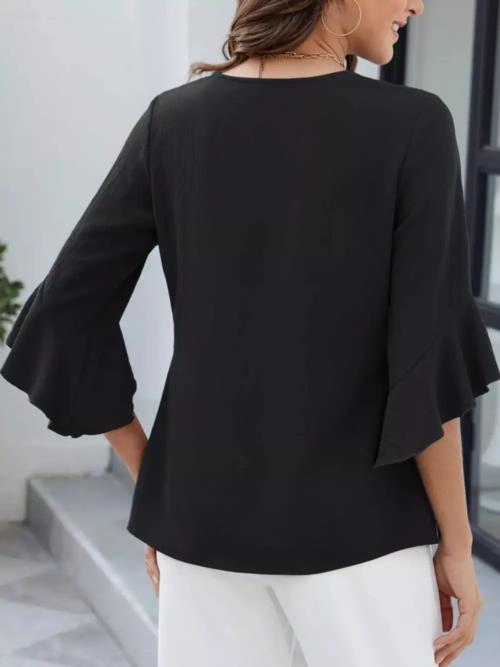 V-Neck Ruffle Sleeve Blouse