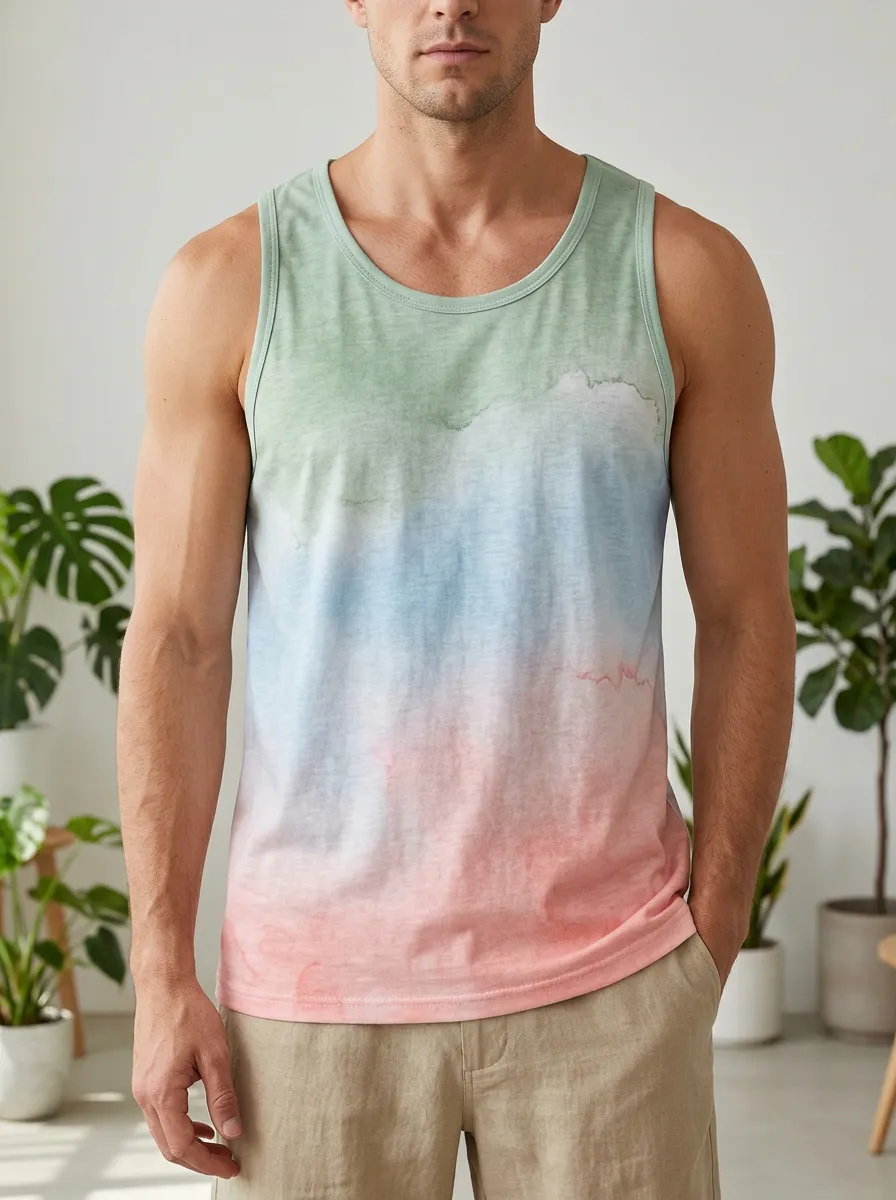 Men's Watercolor Gradient Crew Neck Tank Top