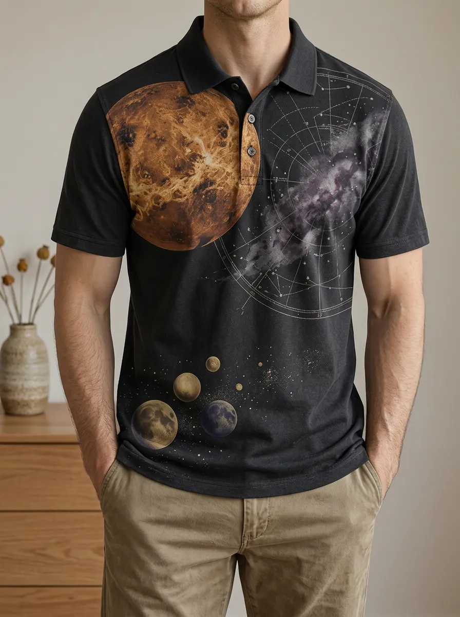 Men's Astronomy Lover Planet Galaxy Printed Polo Shirt