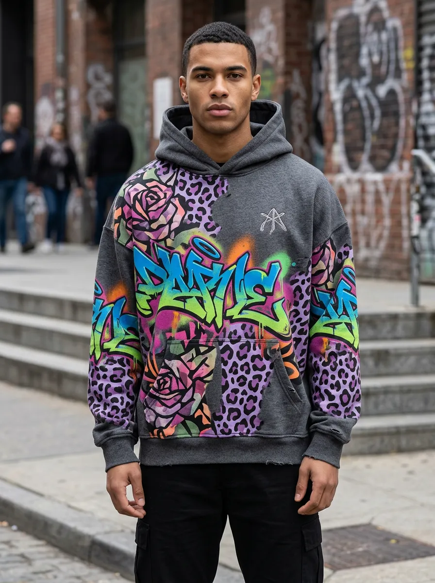 Unisex Streetwear Graffiti Rose Leopard Graphic Hoodie
