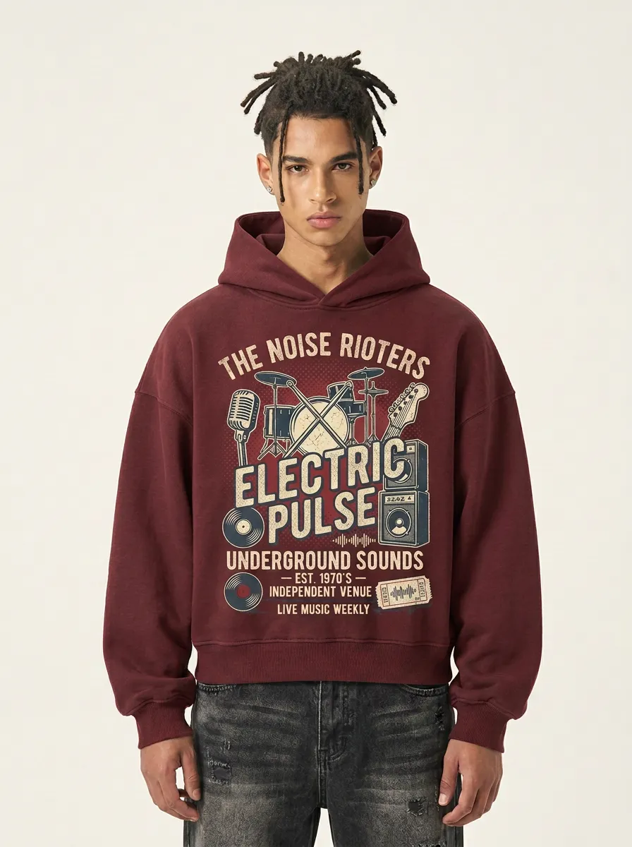 Men's Rock Band Music Lover Electric Pulse Printed Hoodie
