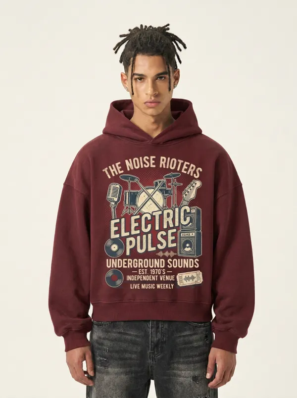 Men's Rock Band Music Lover Electric Pulse Printed Hoodie