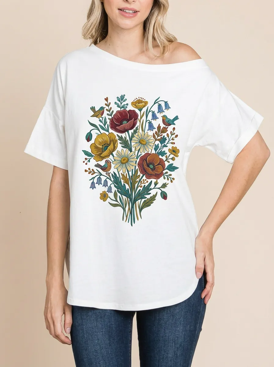 Women's Nature-Inspired Wildflower Bird Bouquet Printed T-Shirt