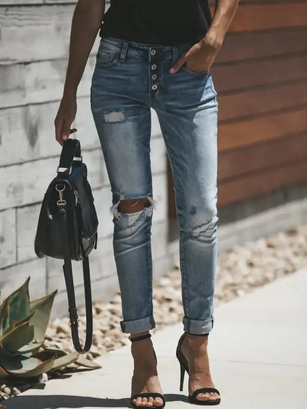 Distressed Button Fly Skinny Denim Jeans