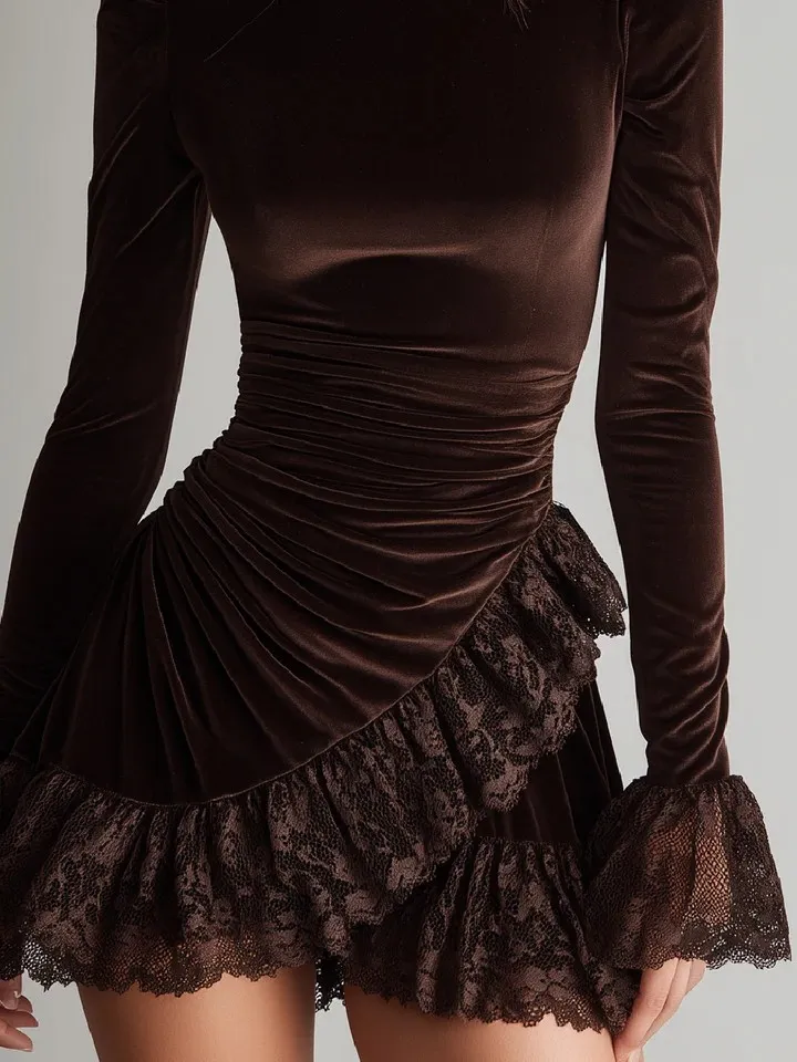 Velvet Ruffled Lace Elegant Mini Dress
