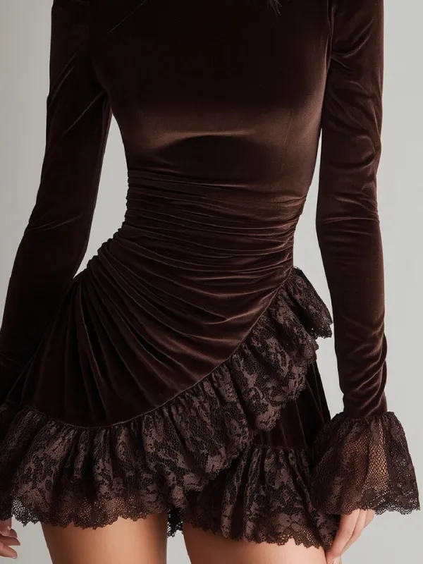 Velvet Ruffled Lace Elegant Mini Dress
