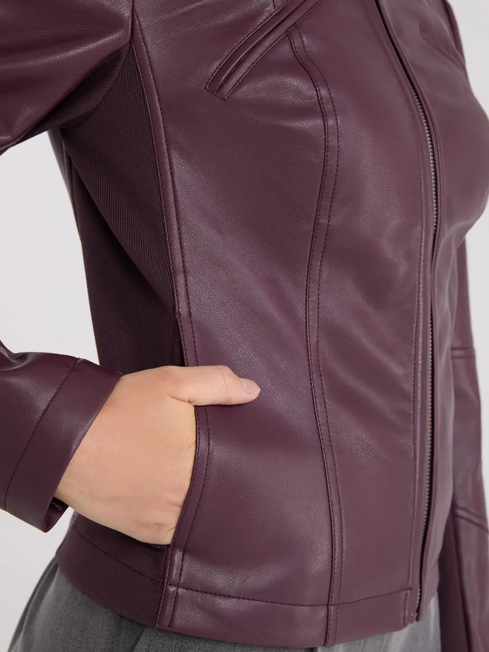 Collarless Faux Leather Coat
