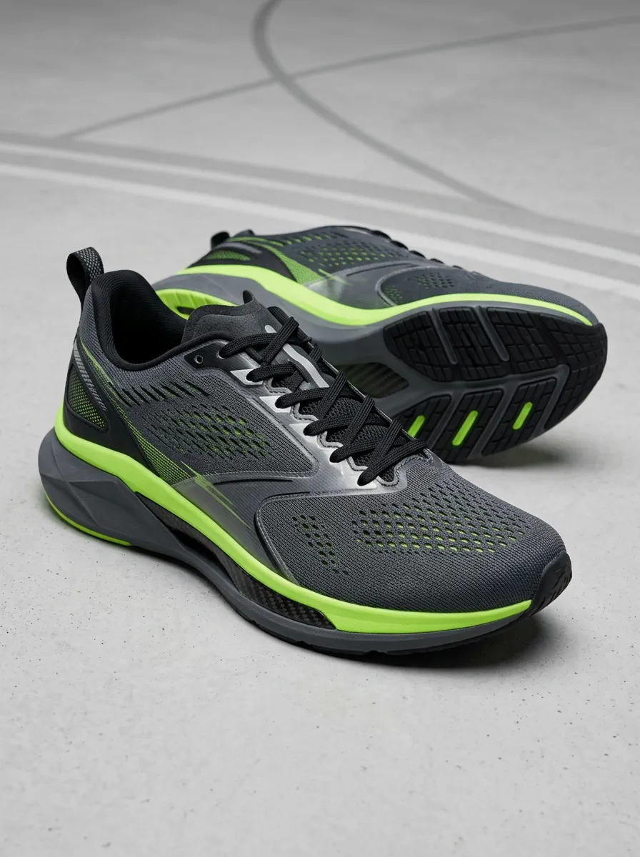 Men's Neon Green Accent Grey Mesh Printed Running Shoes