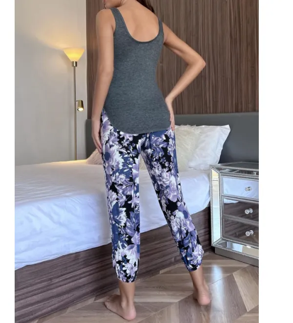 Scoop Neck Tank and Floral Cropped Pants Lounge Set