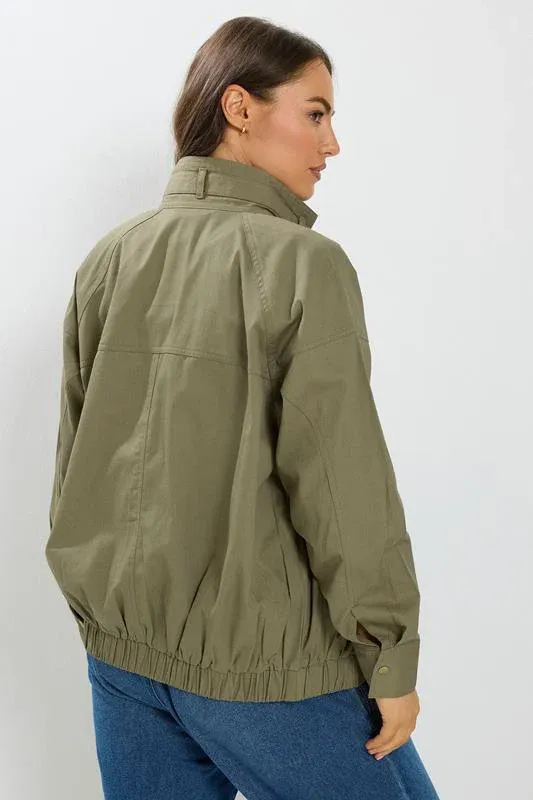 Khaki Green Funnel Neck Twill Shacket