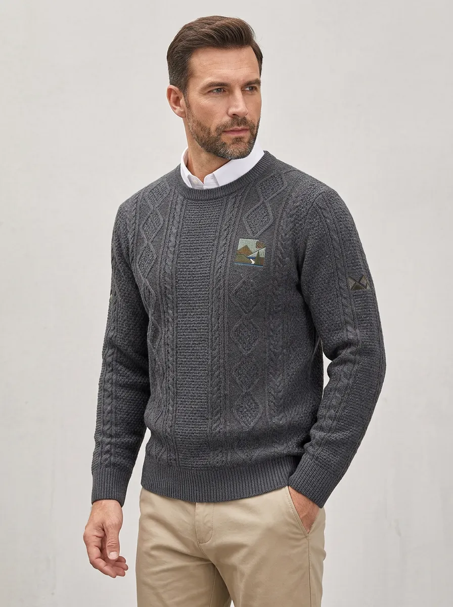 Men's Charcoal Grey Outdoor Mountain Landscape Knit Sweater