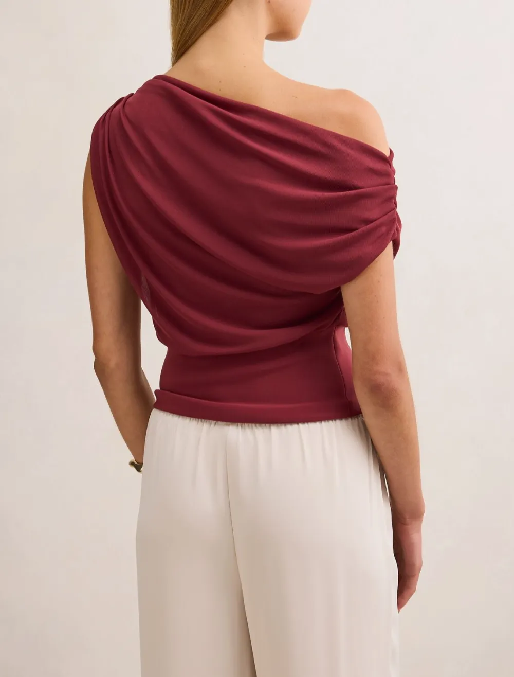 Burgundy Off-Shoulder Ruched Mesh Top