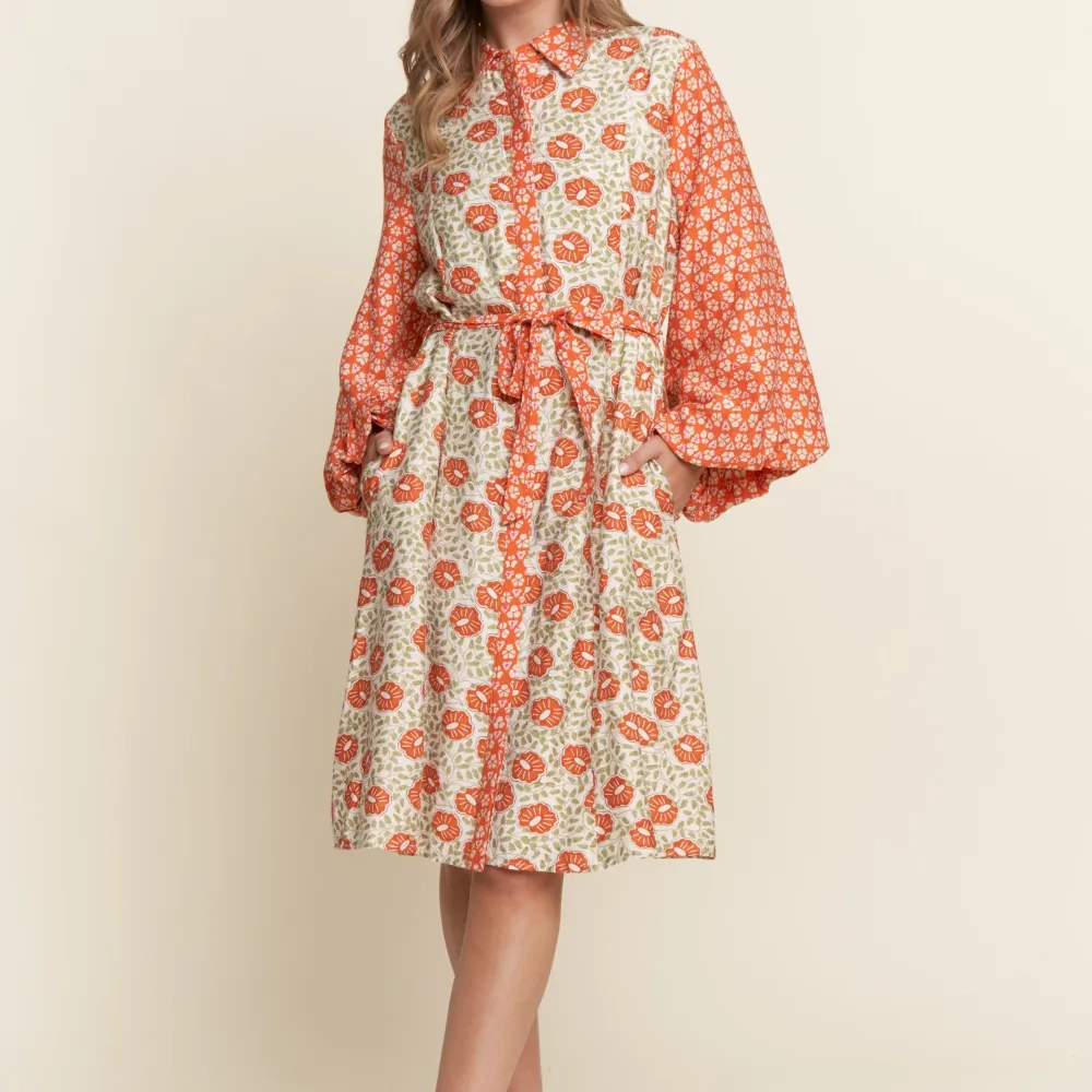 Floral Balloon Sleeve Button Front Collared Dress