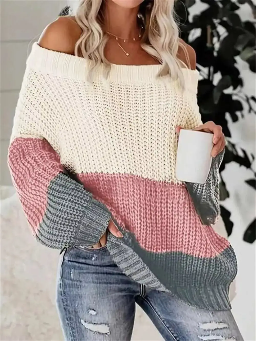 Off-Shoulder Color Block Sweater