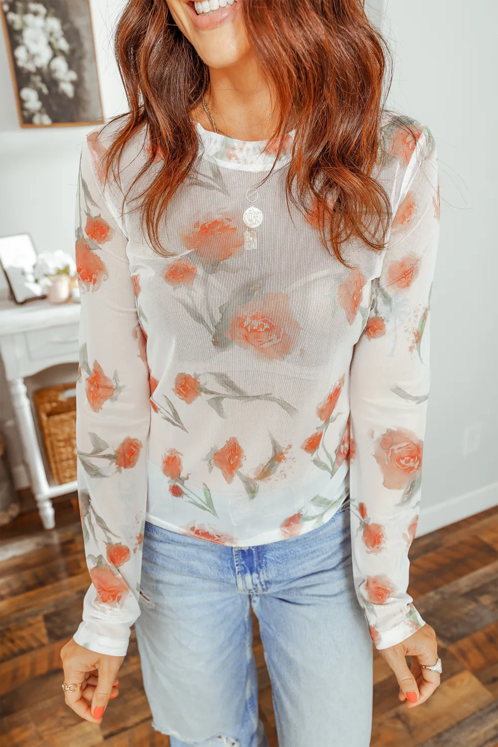 Round Neck Floral Print Mesh Top