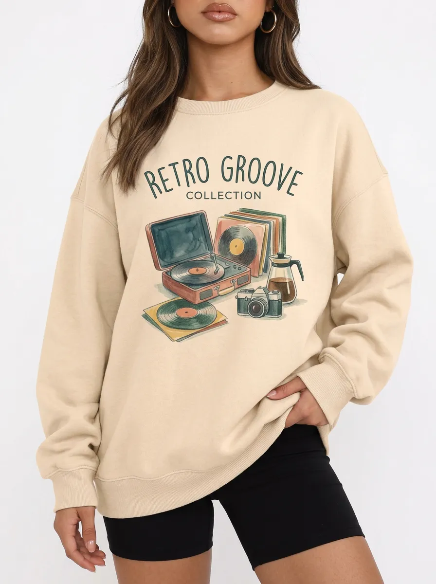 Women's Retro Music Vinyl Camera Graphic Sweatshirt