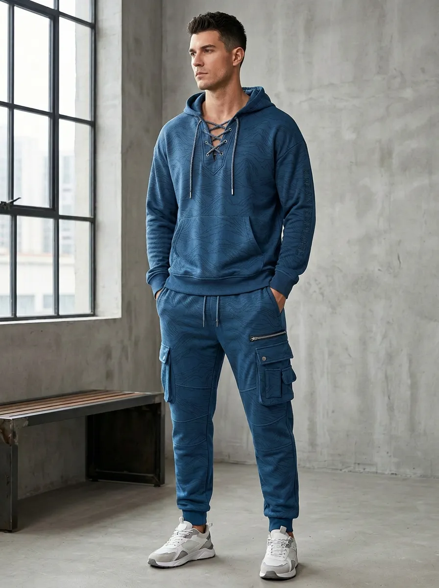 Functional Lace-Up Topographic Style Men's Lace Up Hoodie And Cargo Jogger Set