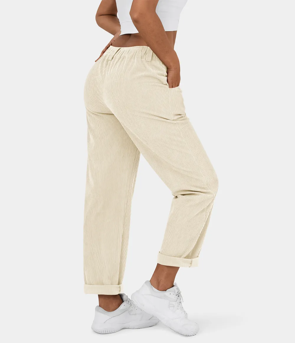 Mid Rise Button Zipper Side Pocket Corduroy Casual Pants