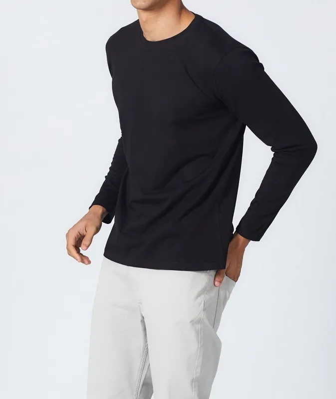 Black Long Sleeve Cotton Crew Neck T-Shirt