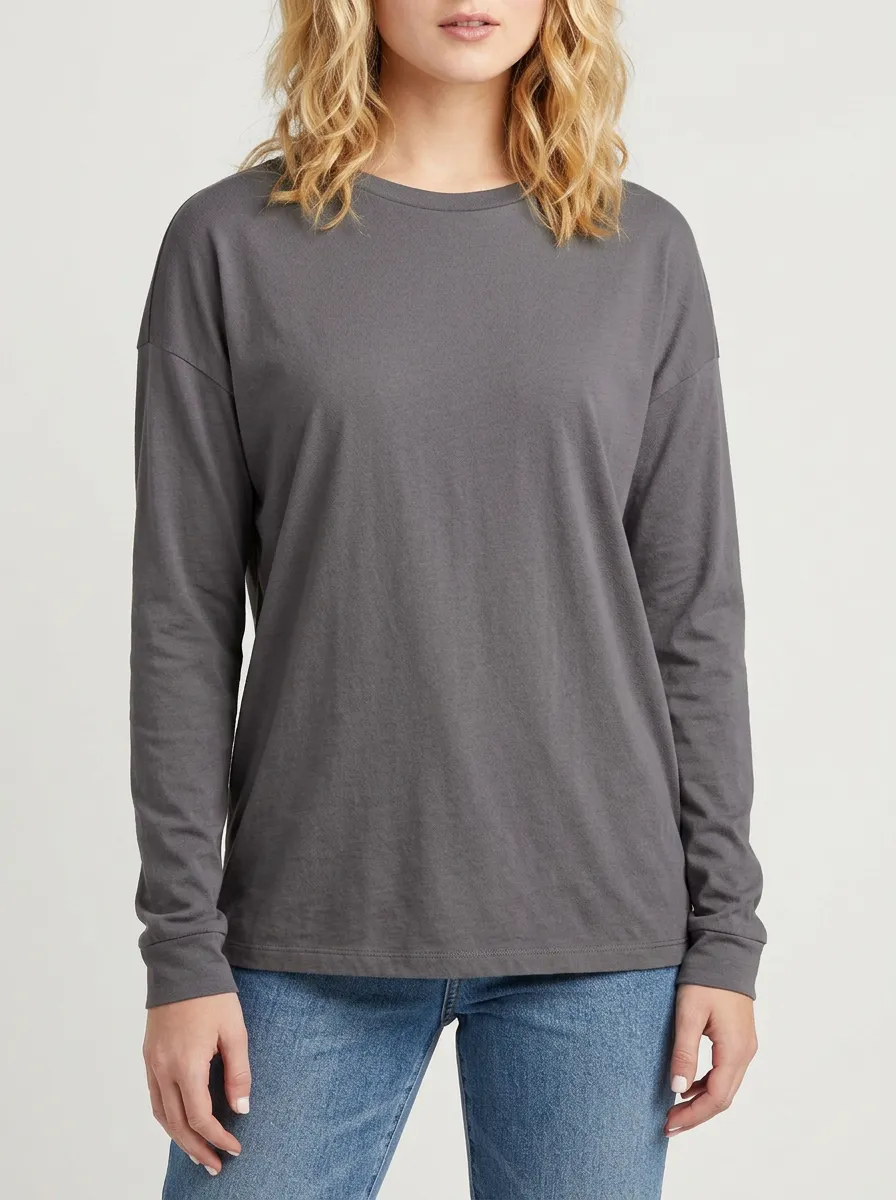 Women's Minimalist Casual Solid Grey Long Sleeve T-shirt