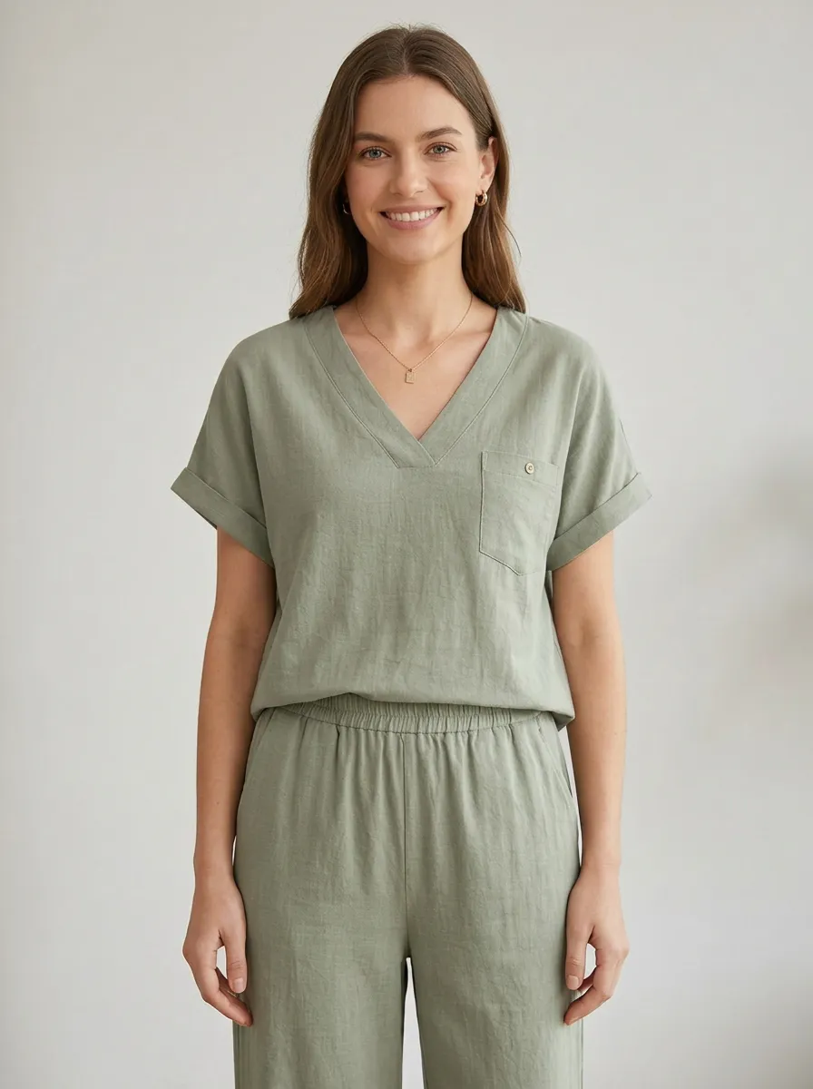 Short-Sleeve Pocket Button-Detail Women's V-Neck Shirt