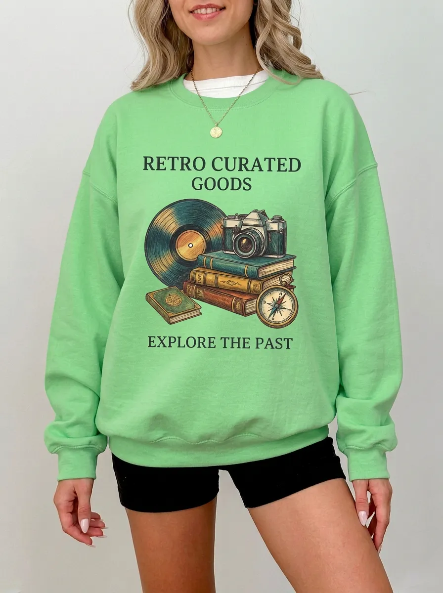 Unisex Retro Vintage Lover Vinyl Camera Books Printed Sweatshirt