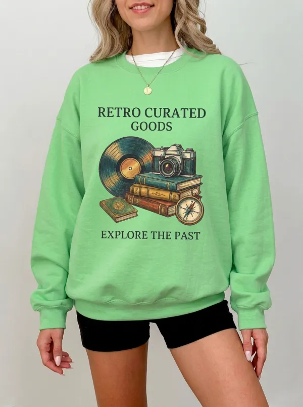 Unisex Retro Vintage Lover Vinyl Camera Books Printed Sweatshirt