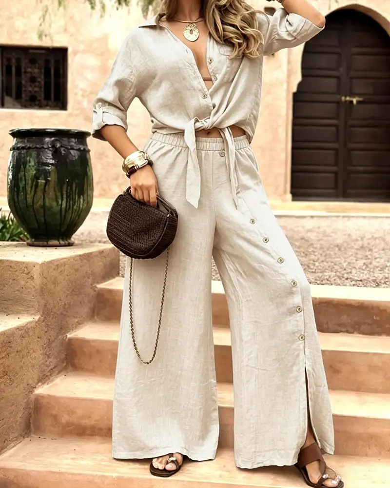 Linen-Blend Tie-Front Top and Wide Leg Pants Set