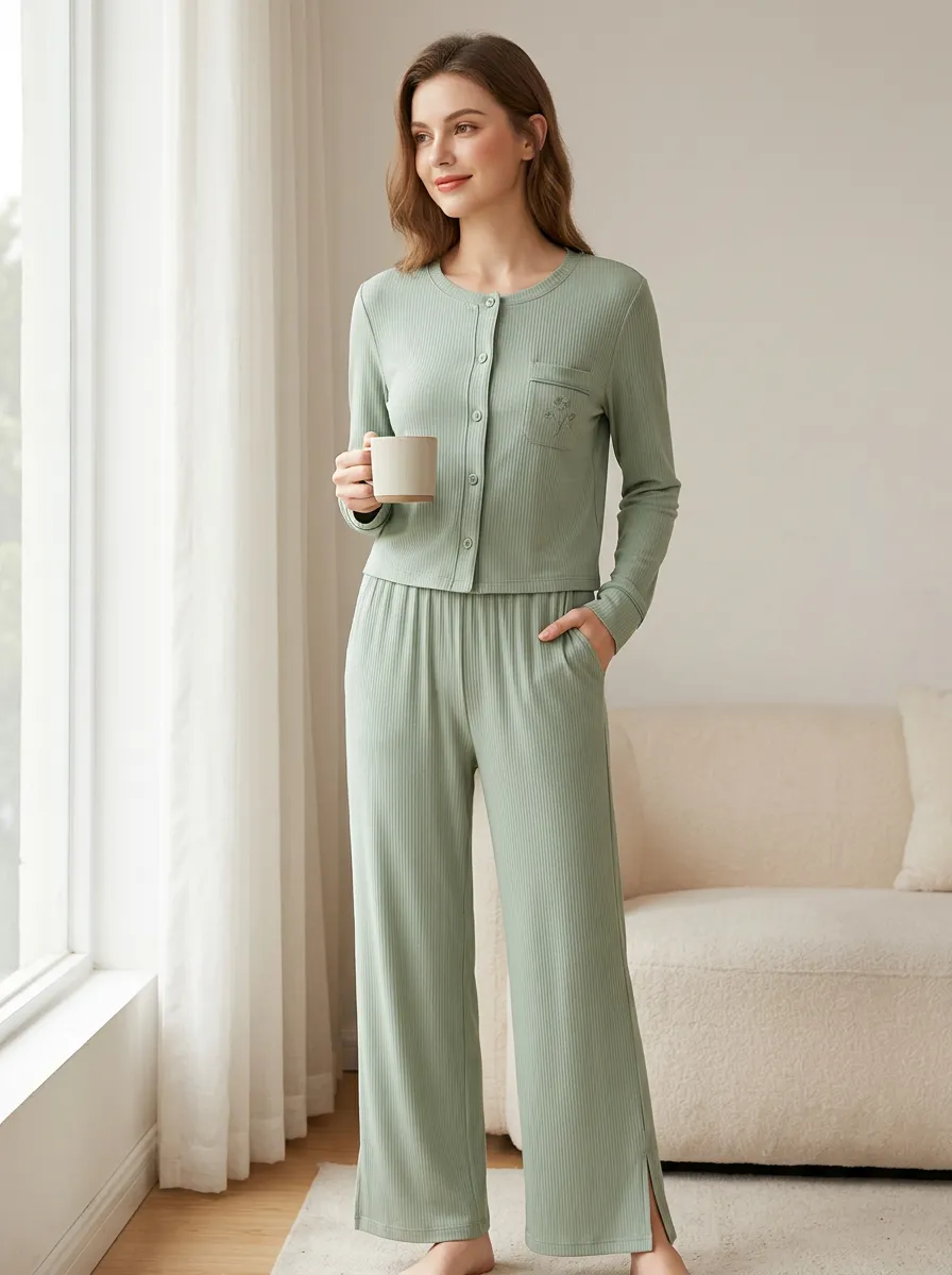 Women's Sage Green Floral Embroidered Ribbed Loungewear Set