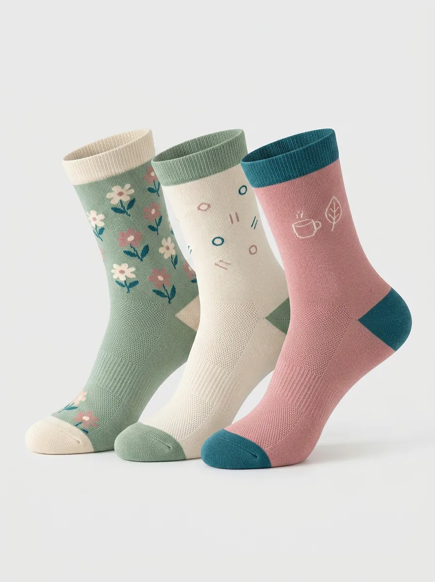 Floral Geometric Women's Three-Pair Crew Socks