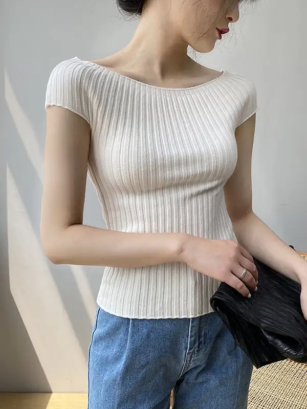 Boat Neck Short Sleeve Slim Fit Pullover Sweater