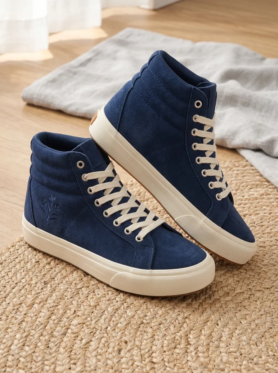 Women's Minimalist Floral Embroidered Navy Suede High-Top Sneakers