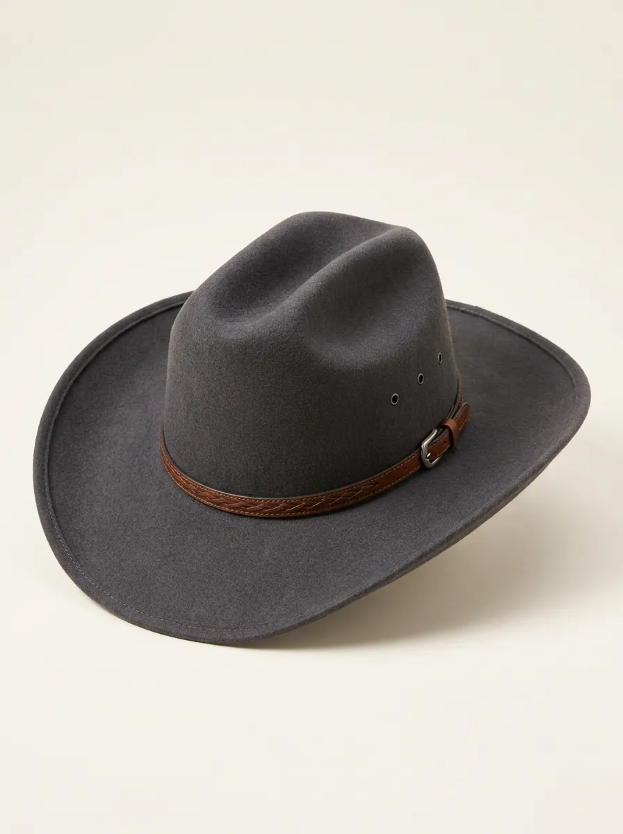 Leather Belt Trim Grey Felt Cowboy Hat