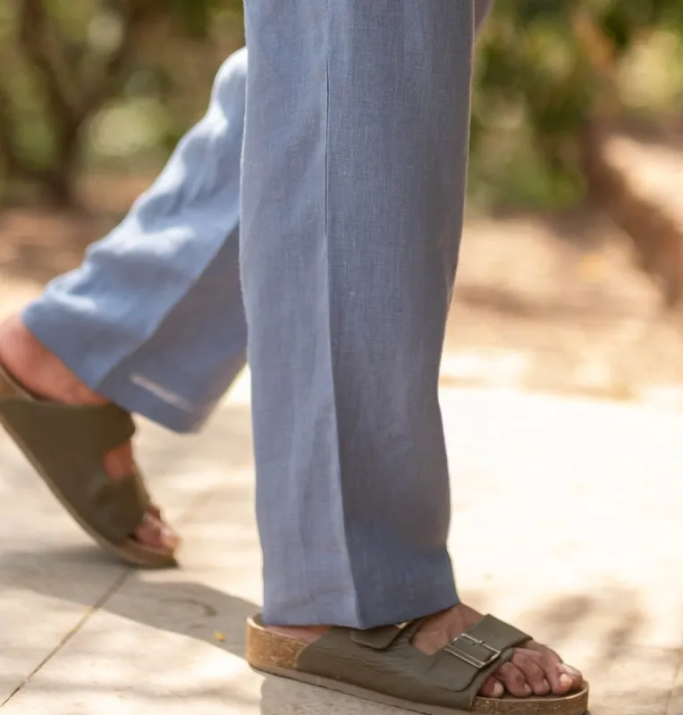Blue Linen Pull-On Pants