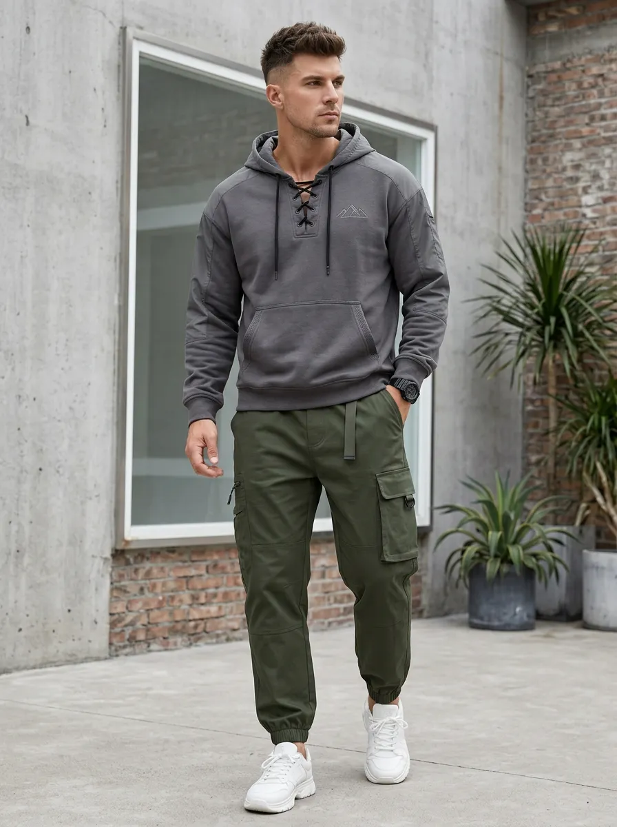 Urban Lace-Up Mountain Graphic Edit Men's Lace Up Hoodie And Cargo Jogger Set