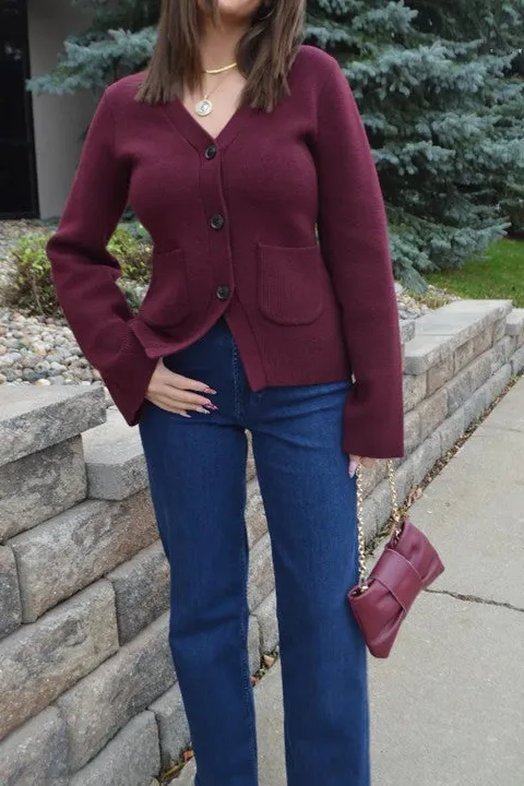 Plum V-Neck Button Knit Cardigan