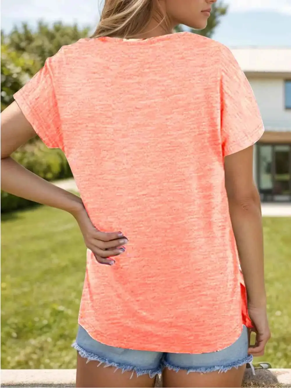 Pocketed Heathered V-Neck Short Sleeve T-Shirt