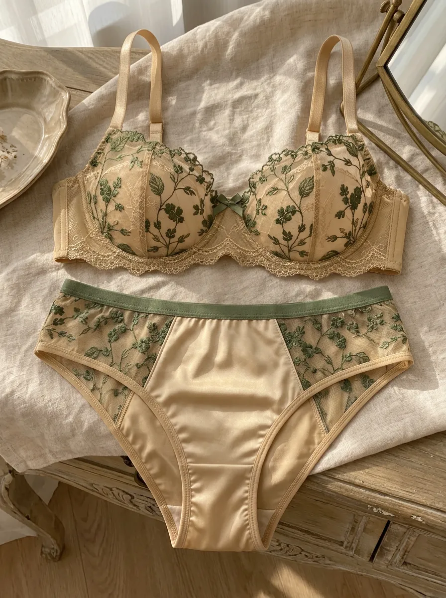 Women's Floral Embroidery Lace Floral Mesh Lingerie Set