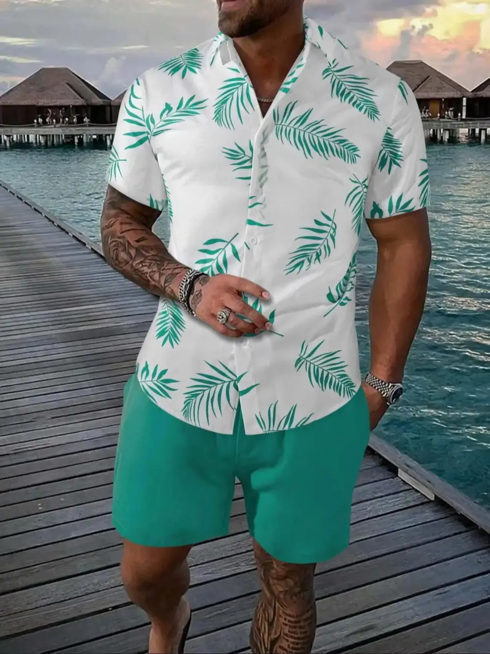 Men's Leaf Print Hawaiian Shirt & Drawstring Waist Short Set