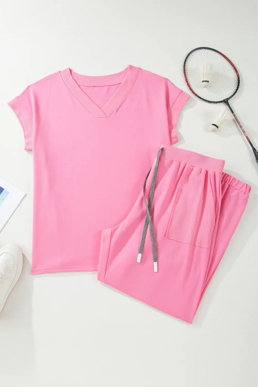 Women's Solid V-neck Tee and Drawstring Pants Set