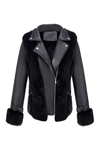 Women Faux Leather Jacket Short Belted Fall Winter Fashion Warm Casual Moto Biker Coat Shaggy Fur Hooded Outwear