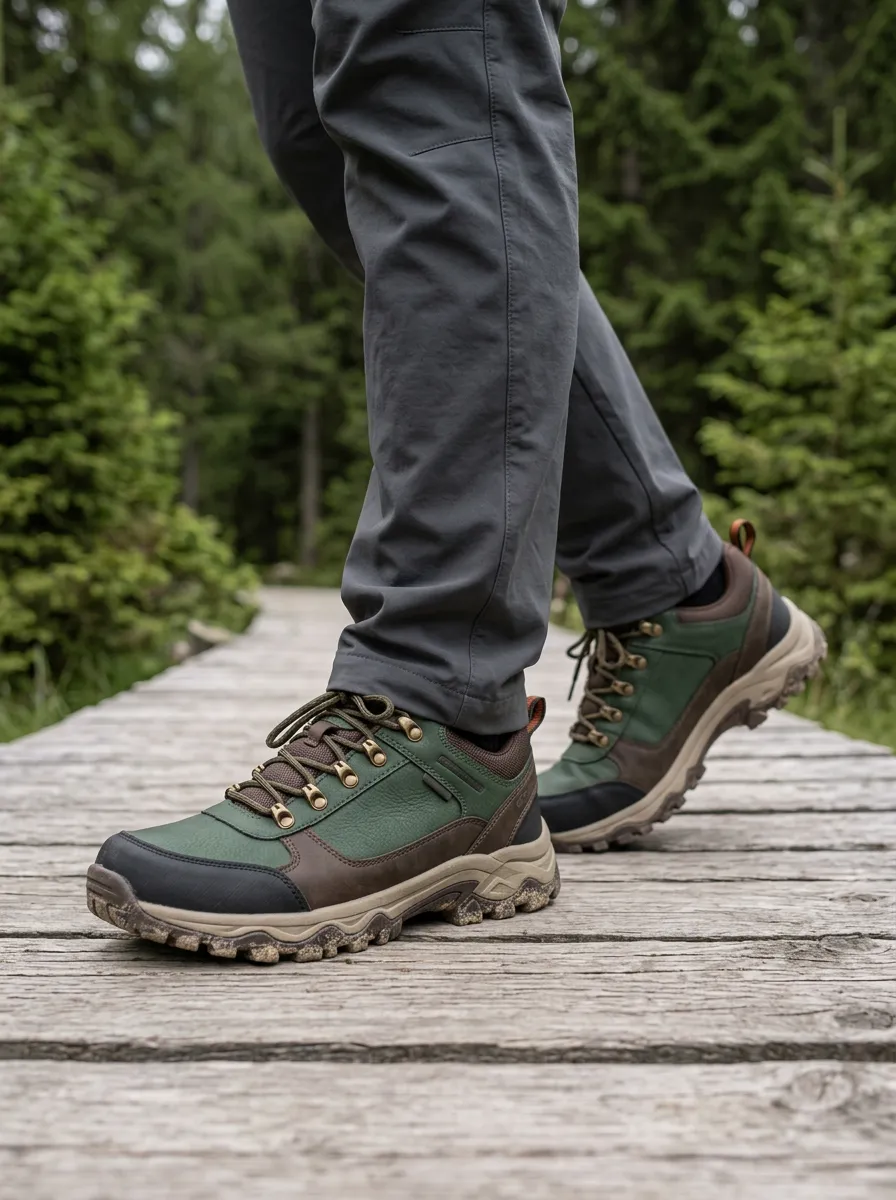 Men's Hiking Enthusiast Green Leather Printed Shoes