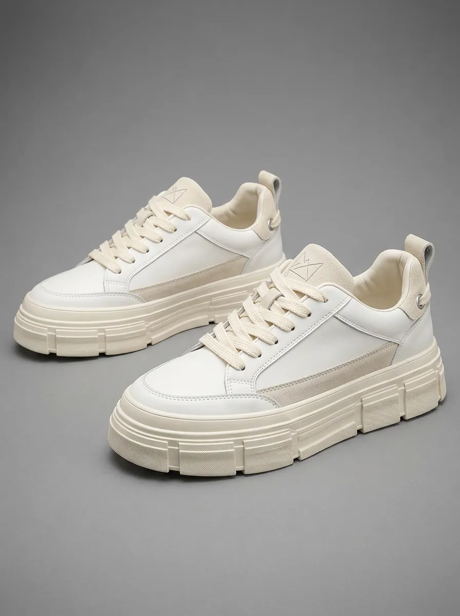 Men's Minimalist Beige Chunky Sole Lace-up Sneakers