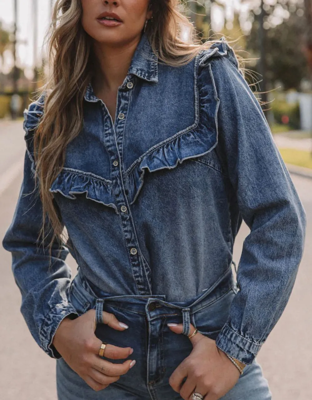 Women's Denim Button Front Ruffled Blouse
