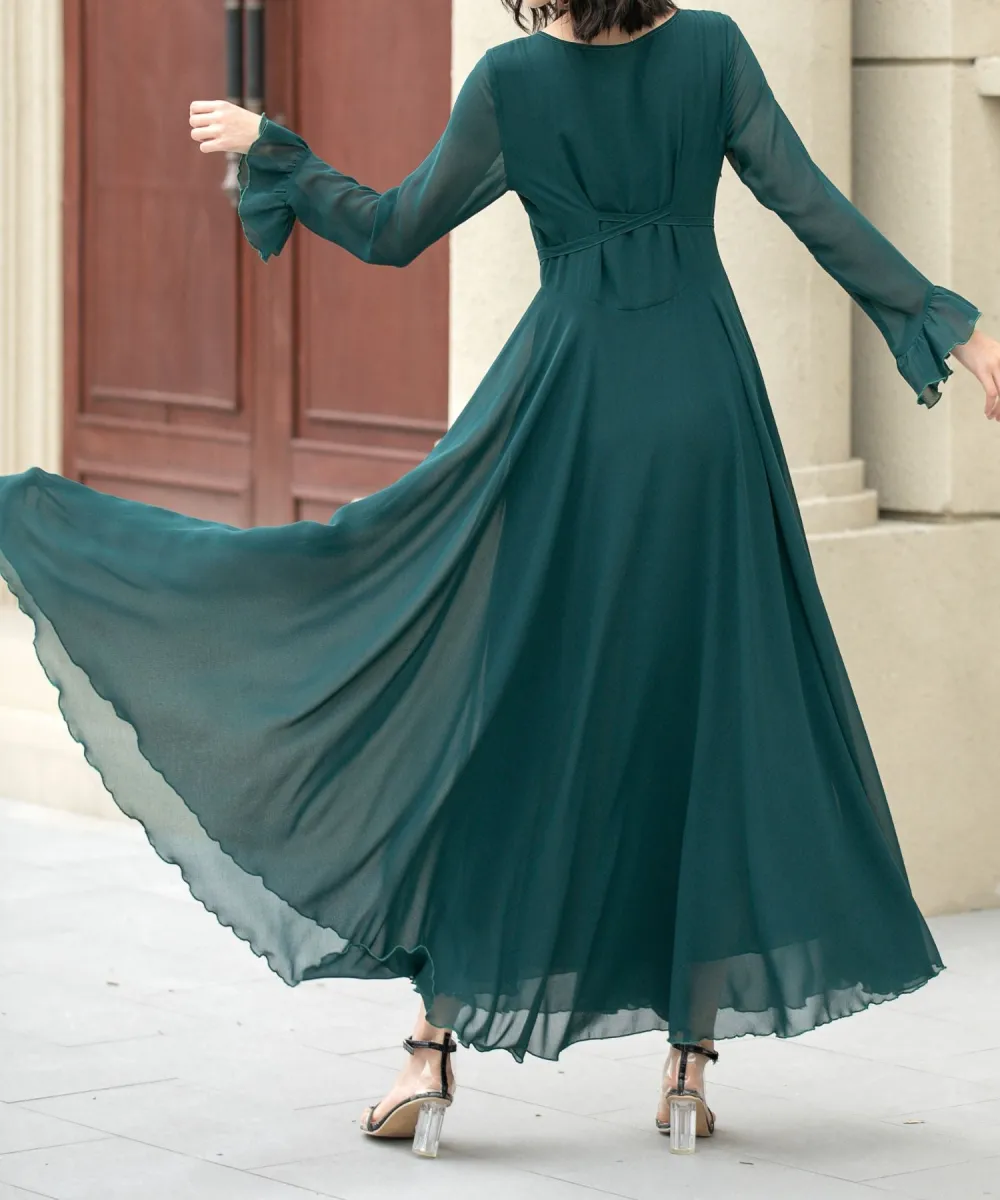 Refined Chiffon Fit And Flare Ruffle Long Sleeve Maxi Dress
