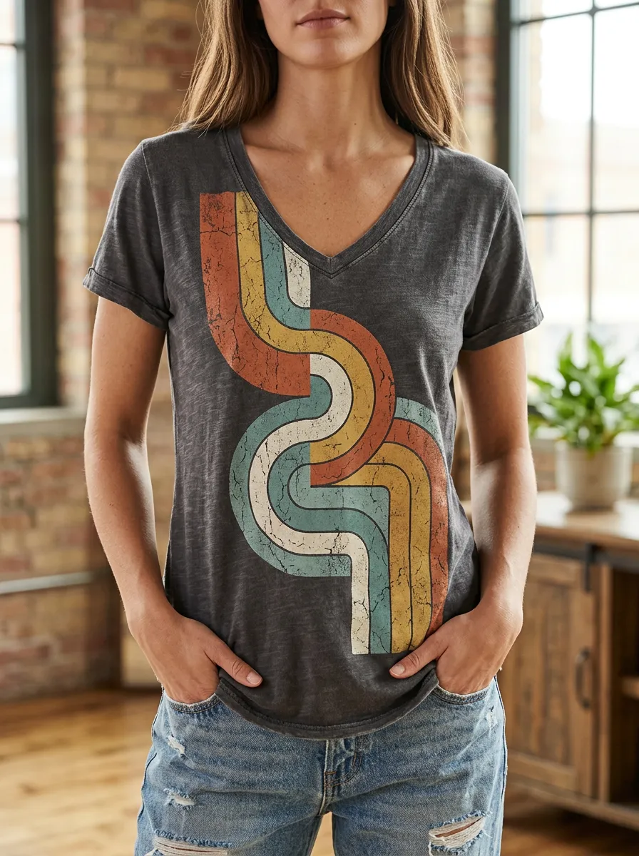 Women's Vintage Art Retro 70s Style Wavy Stripe V-Neck T-Shirt