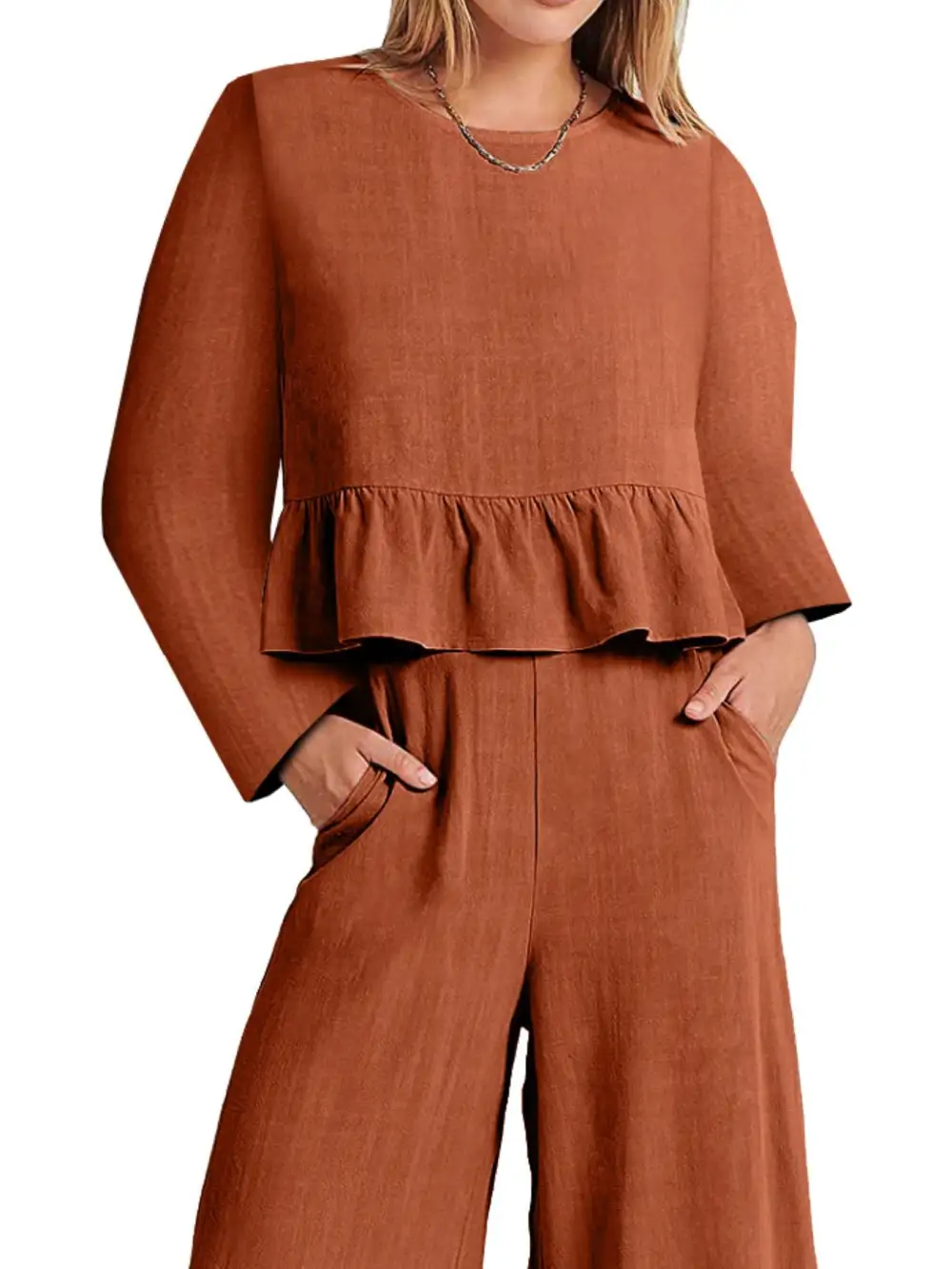 Ruffled Hem Long Sleeve Top and Pants Set