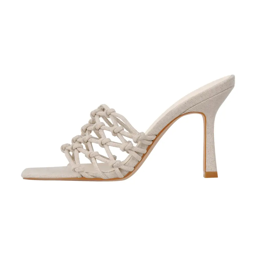 Linen Weave Square Open Toe High Heel Mule Sandals