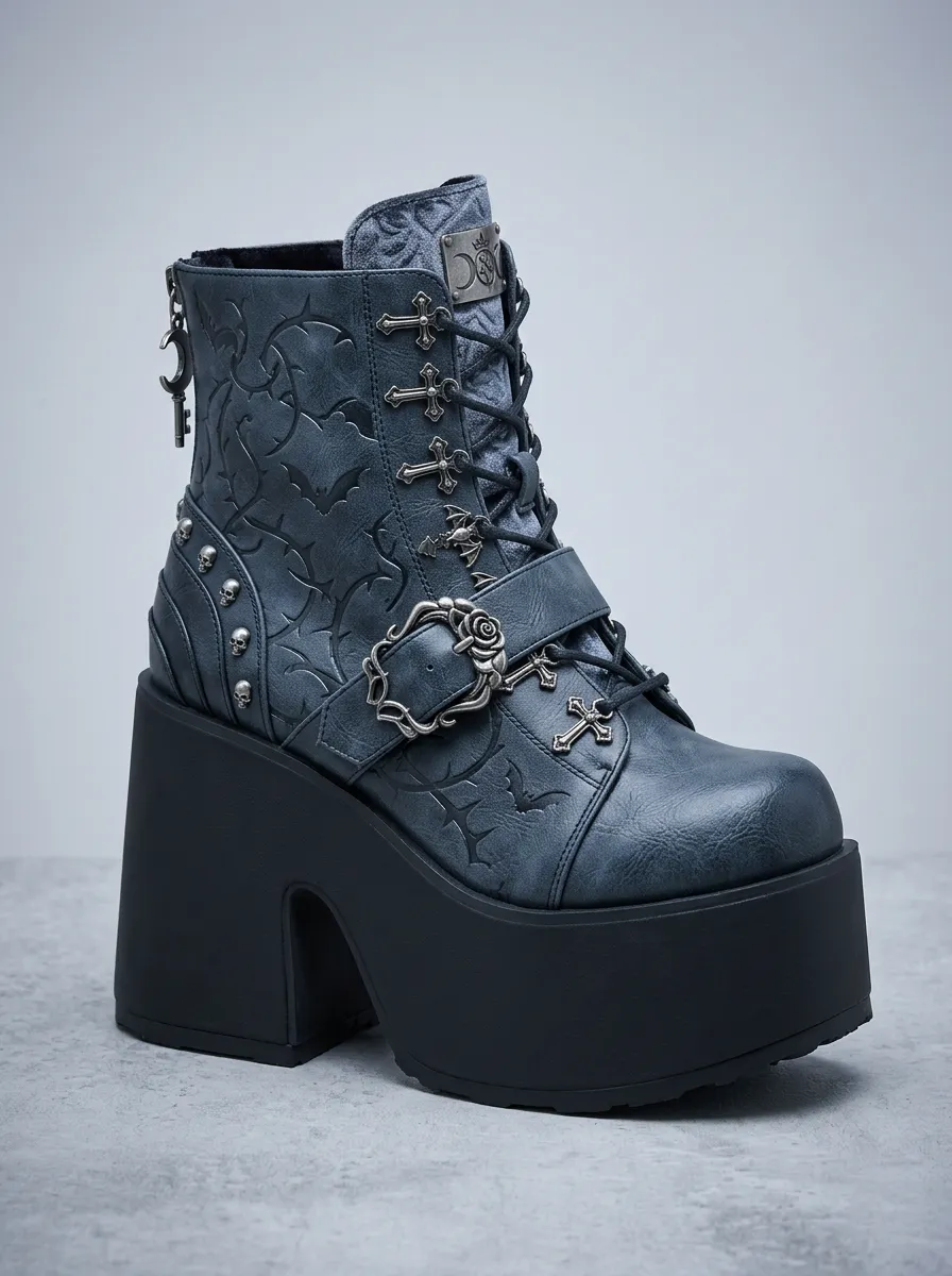 Nightfall Skull Bat Cross Silhouette Women's Gothic Platform Boots