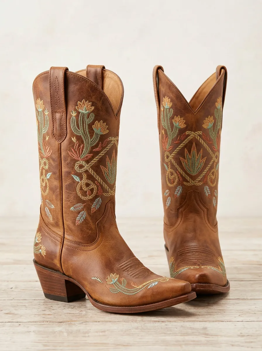 Range Cactus Floral Embroidered Design Unisex Western Cowboy Boots